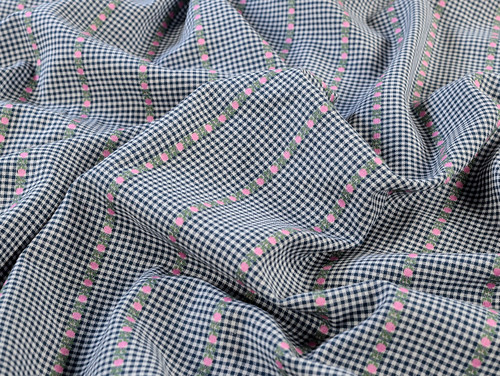 Dressmaking Fabric | Hera Floral Gingham Cotton Lawn - Navy | Fabric Godmother