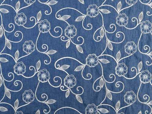 Dressmaking Fabric | Suvi Floral Embroidered Cotton - Denim Blue | Fabric Godmother 