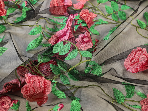 Dressmaking Fabric | Everly Floral Embroidered Tulle - Black | Fabric Godmother