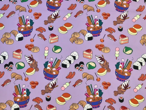 Dressmaking Fabric | Sushi Snacks Cotton Lawn - Lilac | Fabric Godmother