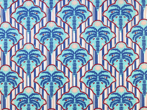 Dressmaking Fabric | Palm Tree Stripe Hand Block Print -  Blue | Fabric Godmother 