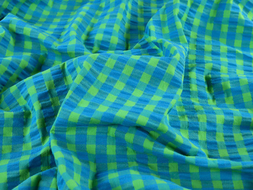 Dressmaking Fabric | Fabio Gingham Cotton Seersucker - Blue & Green | Fabric Godmother 