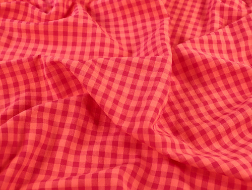 Dressmaking Fabric | Gwyneth Gingham Cotton Seersucker - Raspberry & Coral | Fabric Godmother 