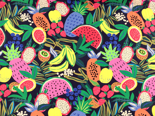 Dressmaking Fabric | Fruit Salad Viscose & Linen - Midnight | Fabric Godmother