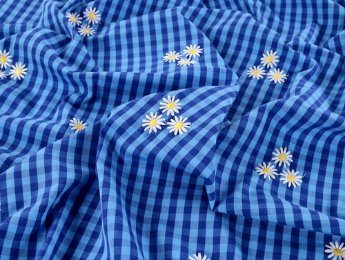 Dressmaking Fabric | Nia Embroidered Gingham - Blue | Fabric Godmother
