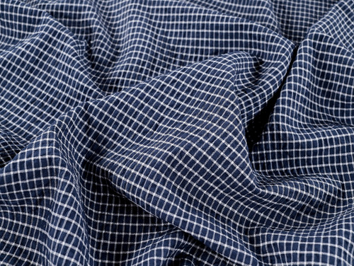 Dressmaking Fabric | Priya Check Cotton Mix Seersucker - Navy | Fabric Godmother 