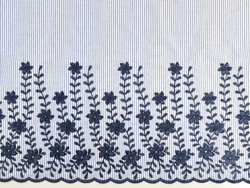 Dressmaking Fabric | Gwynn Stripe Embroidered Border Cotton - Blue | Fabric Godmother 