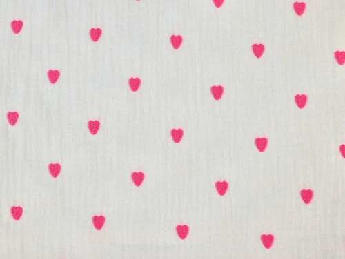 Dressmaking Fabric | Embroidered Heart Double Gauze - Ivory & Pink  | Fabric Godmother 