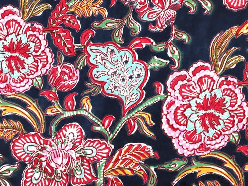 Dressmaking Fabric | Roshni Floral Cotton Block Print - Navy | Fabric Godmother 
