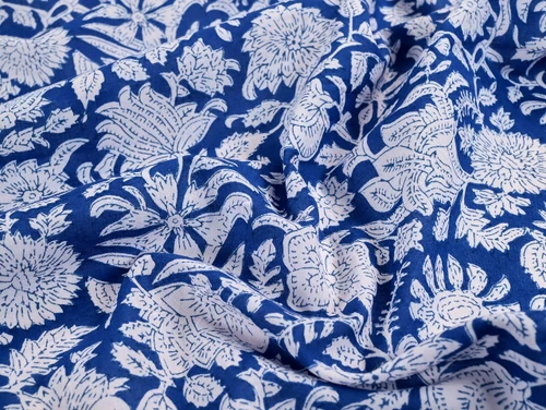 Dressmaking Fabric | Parvati Floral  Cotton Block Print - Blue | Fabric Godmother 