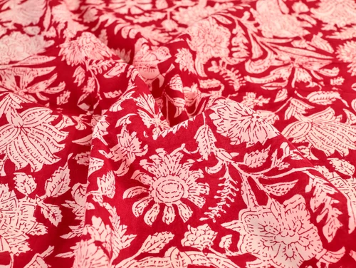 Dressmaking Fabric | Kala Floral Cotton Block Print - Red | Fabric Godmother 