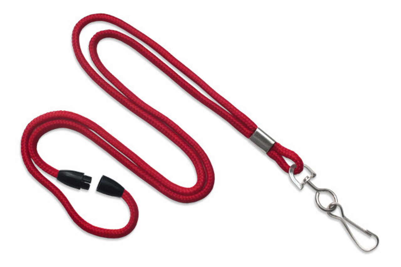 BRADY  RED 1/8 (3 mm) Lanyard with Breakaway & Nickel-Plated Steel Swivel- Hook (100 Lanyards) - ID Enhancements, Inc.