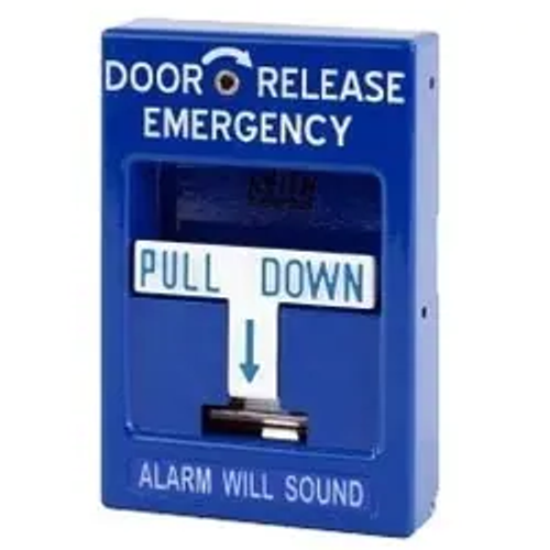 SECURITY DOOR CONTROLS | 492 Emergency Door Release Pull Station, 2-SPDT, 10 Ampere, 3.25" Width x 1.375" Depth x 4.75" Height, Blue Housing, With Glass Rod and 3 to 28 Volt DC 18 Milliampere Siren