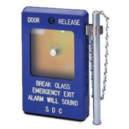 SECURITY DOOR CONTROLS | 491 Emergency Door Release, 2-SPDT, 10A, 3.5" Width x 1.375" Depth x 5.5" Height, Break Glass, Aluminum Rod, Blue Housing, With 3 to 28 VDC 18 Milliampere Siren