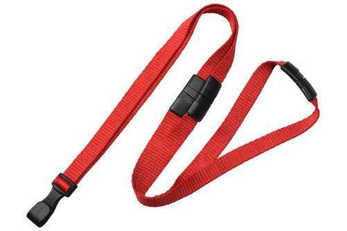 BRADY | 3/8 RED MICROWEAVE LANYARD WITH THREE BLACK BREAKAWAYS AND BLACK WIDE PLASTIC NO-TWIST HOOK