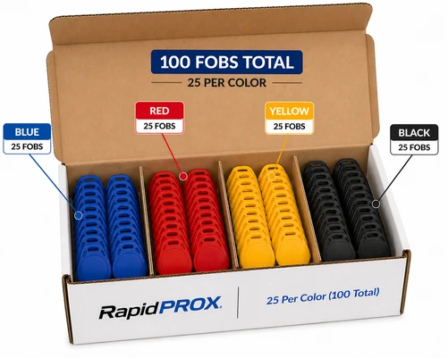 RAPIDPROX | Multi-Color Pack - 25 Fobs of Four Colors -  26Bit H10301, SlimLine Proximity Key Fob, Compare to HID 1346LNSMN  (100 Fobs)