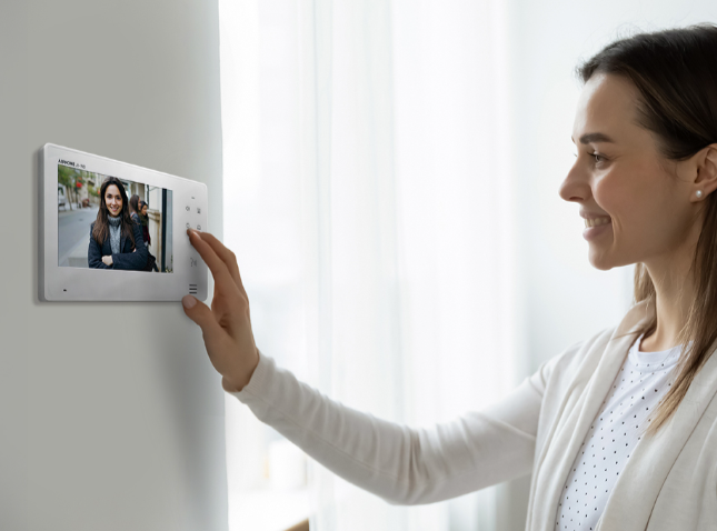 Aiphone JO-1MDW JO Series app-enabled touchscreen monitor in use