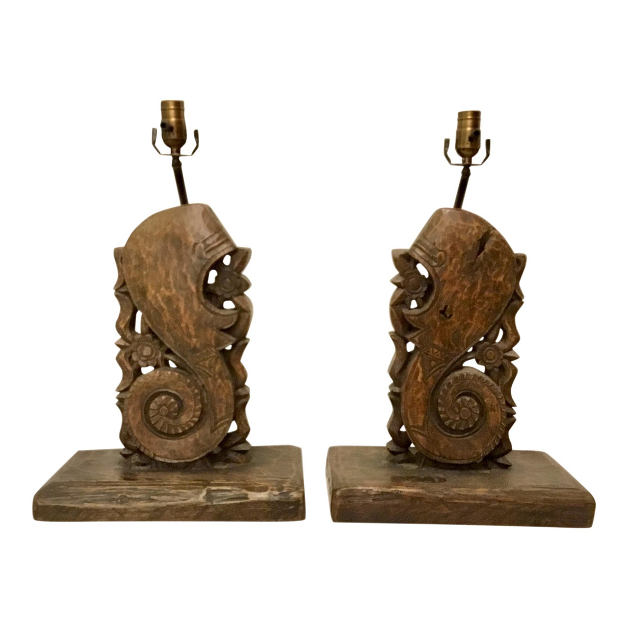 Pierce Martin Vintage Organic Modern Architectural Carved Wood Table Lamps A Pair United States Refinery table lamp, hand carved wood & matte brass metal with classic drum shade, stone linen carved geometric patterns accentuate the organic wood lamp body highlighting unique tones in the wood. pierce martin vintage organic modern architectural carved wood table lamps a pair