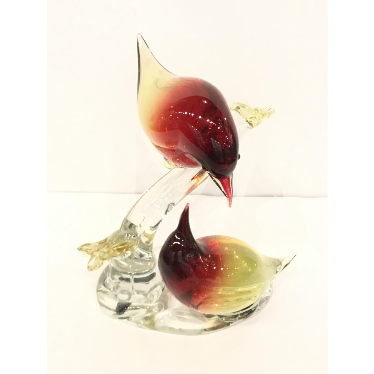 Murano Art Glass Red and Gold Birds on Branch Sculpture