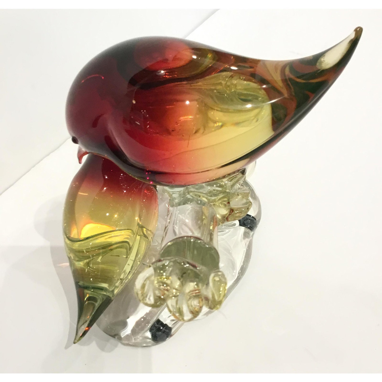 Murano Art Glass Red and Gold Birds on Branch Sculpture