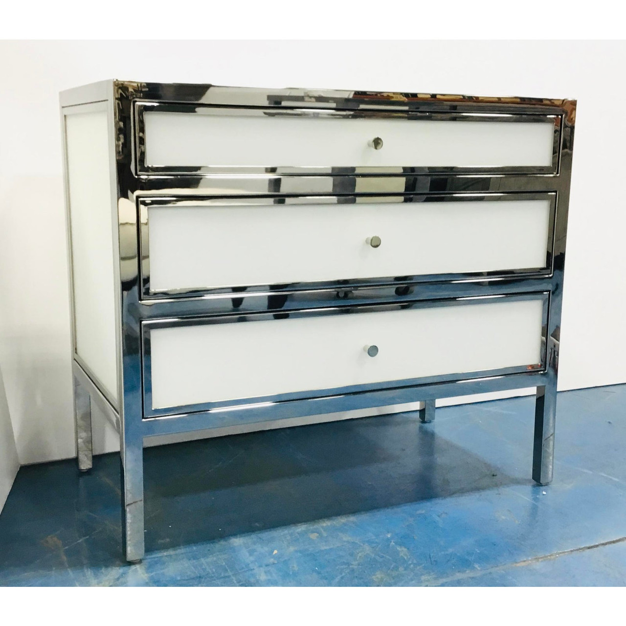 Bernhardt Contemporary Polished Nickel and White Glass Nightstands a Pair