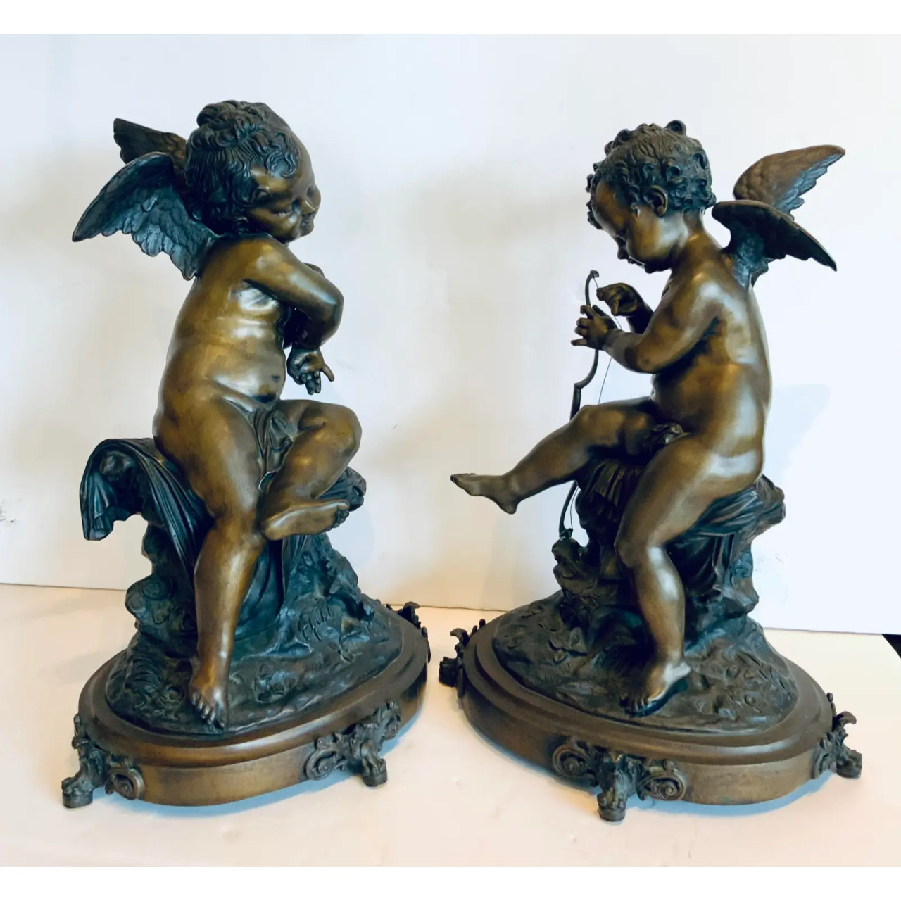 19th Century Antique French Bronze Cherubs Sculpture Pair by
