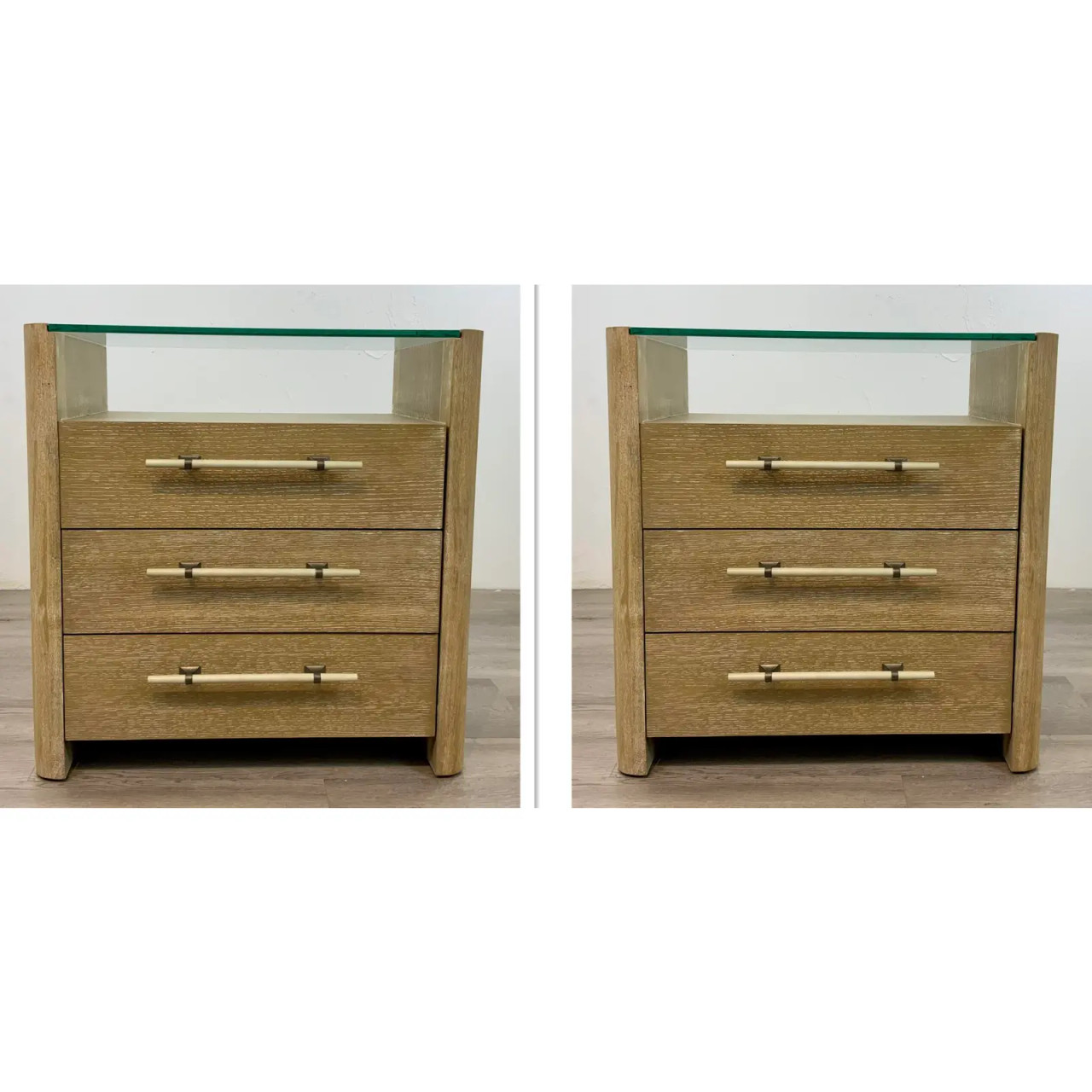 Organic Modern Cerused Oak Finished Nightstands Pair
