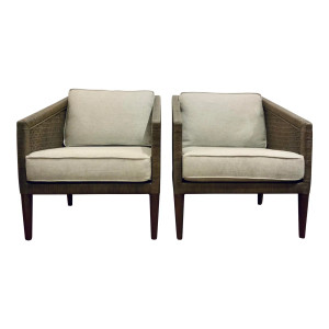 Organic Modern Taupe/Gray Wicker and Rattan Lounge Chairs Pair