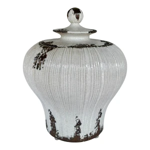 Modern Large Cream Crackle and Bronze Glaze Lidded Jar