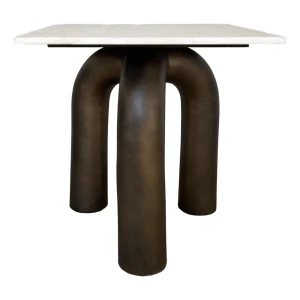 Modern Sculptural White Marble and Bronze Tubular Side Table