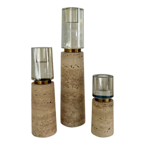 Revelation Modern Travertine and Glass Optic Candleholders Set of 3