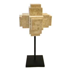 Large Modern Beige Marble Cube Sculpture on a Metal Stand