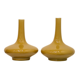 Transitional Hand Thrown Gold Glaze Chinese Porcelain Vases Pair