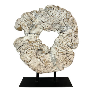 Currey & Company Organic Modern Rustic Whitewashed Teak Ring on Stand Sculpture