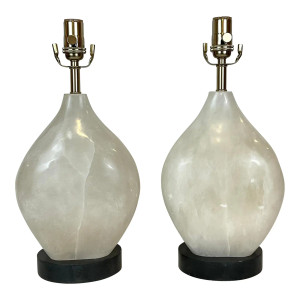 Currey & Company Modern White Alabaster Table Lamps Pair