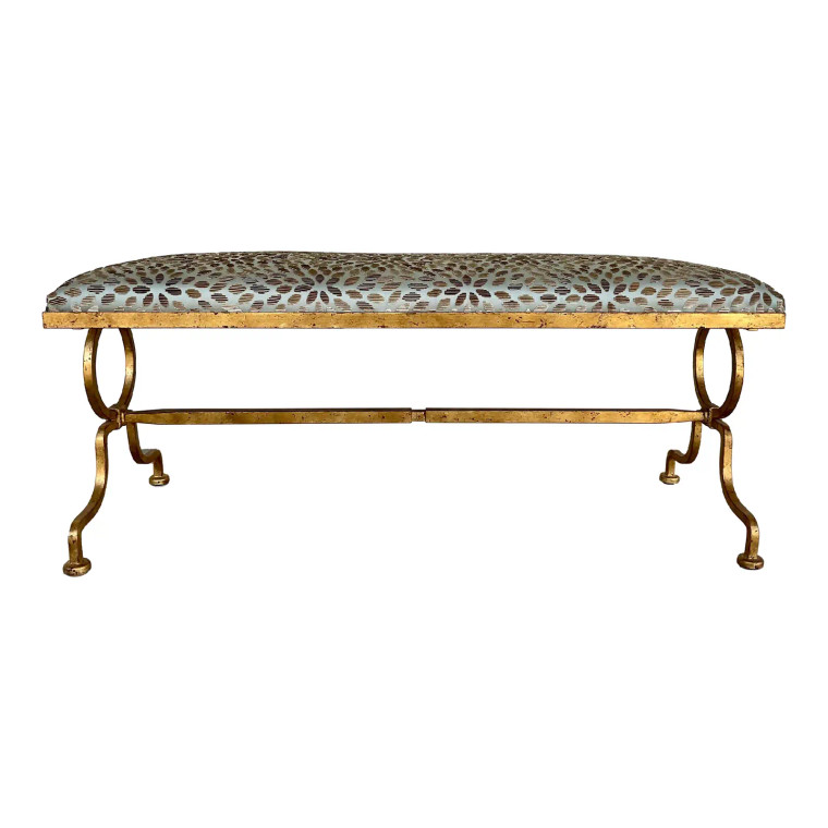 Currey & Company Custom Modern Taupe and Robin’s Egg Geometric Gold Leaf Gilbert Bench