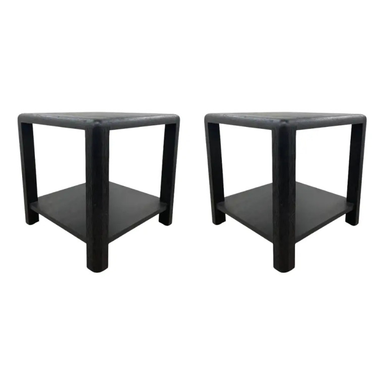 Theodore Alexander Modern Black Wood Square Luna Side Table Pair