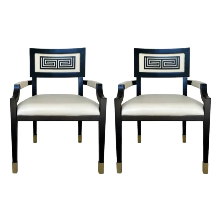 Currey & Company Modern Black and Gold Greek Key Chairs Pair