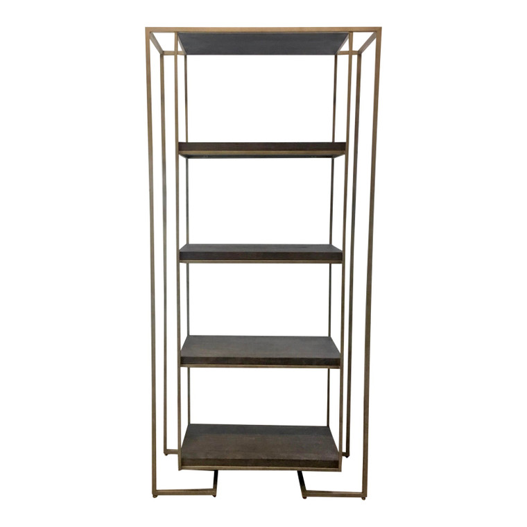 Modern Soft Gray Oak and Champagne Silver Metal Etagere