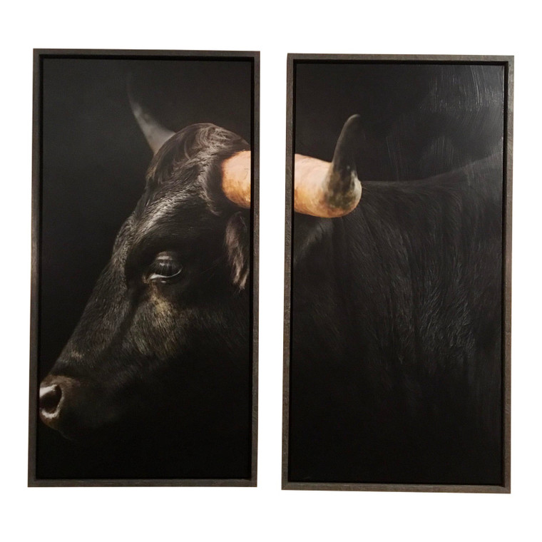 Modern Custom Framed Black Longhorn Giclee on Canvas Diptych