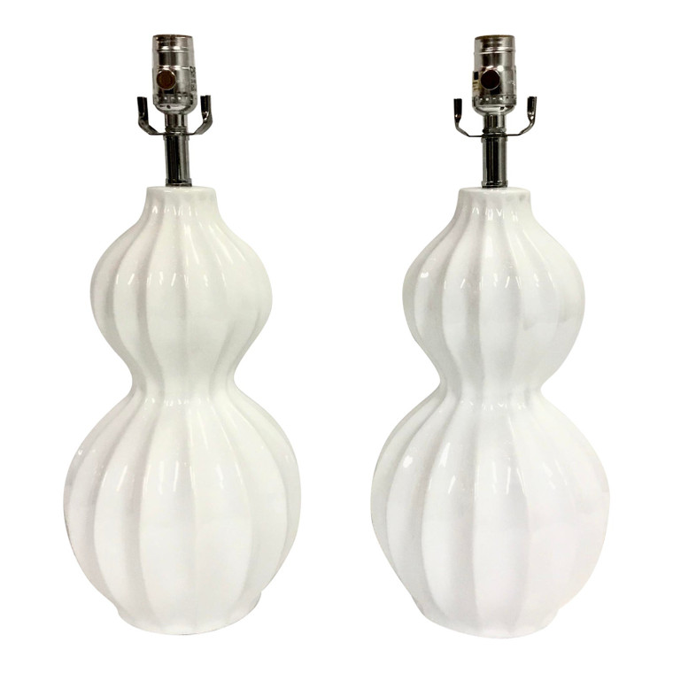 Modern Gloss White Gloss Ribbed Ceramic Table Lamps - a Pair
