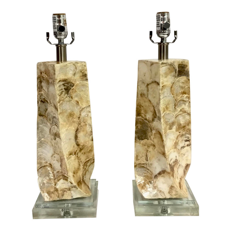 Modern Capiz Shell Table Lamps With Crystal Bases - a Pair