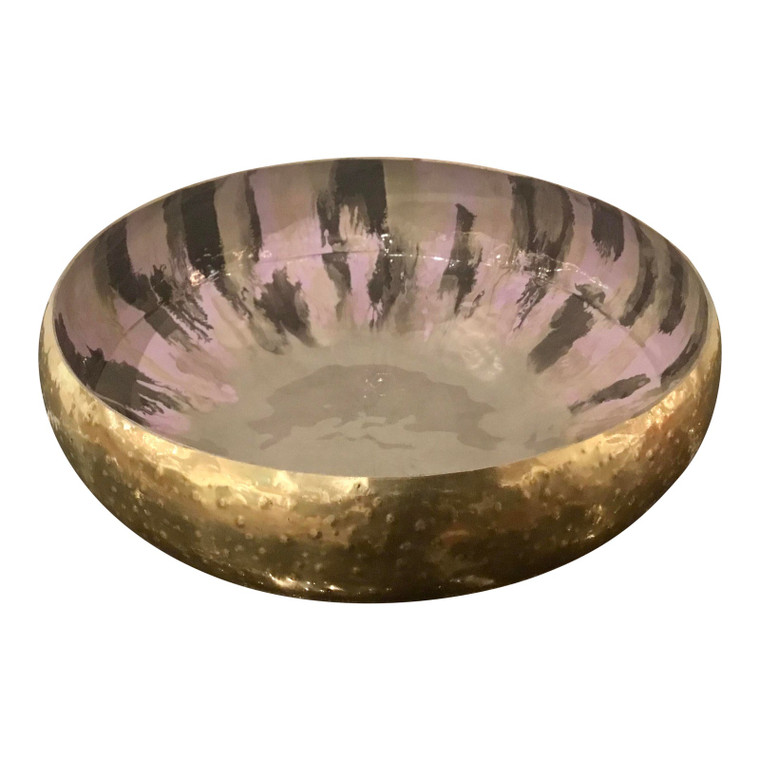 Modern Small Lavender and Sage Enameled Soft Brass Finished Hammered Metal Decorative Bowl