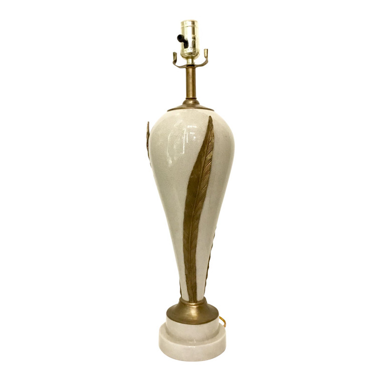 Transitional Beige Crackle Porcelain Table Lamp With Brass Leaves