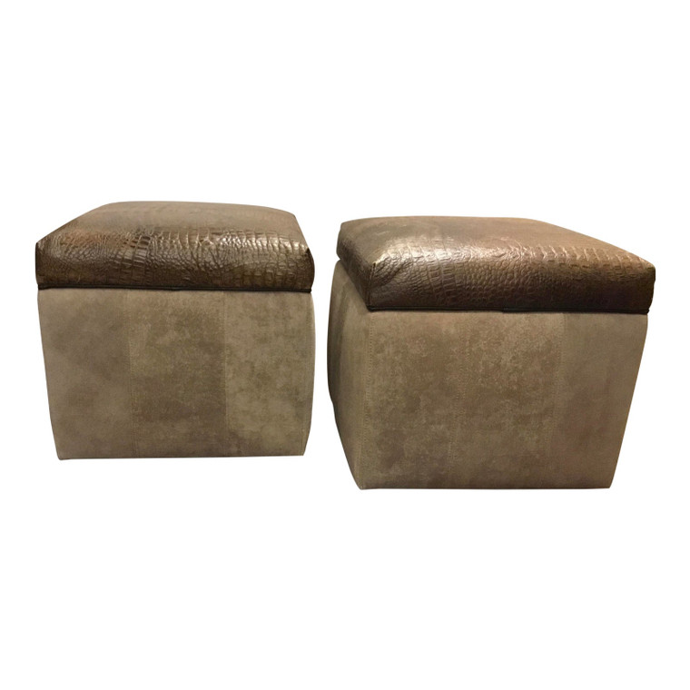 Modern Faux Alligator Embossed Leather Square Storage Ottomans on Casters Pair