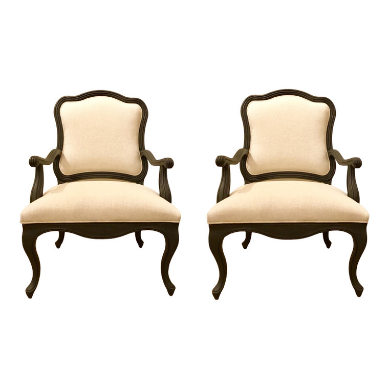Transitional Dark Gray Carved Wood Arm Chairs Pair