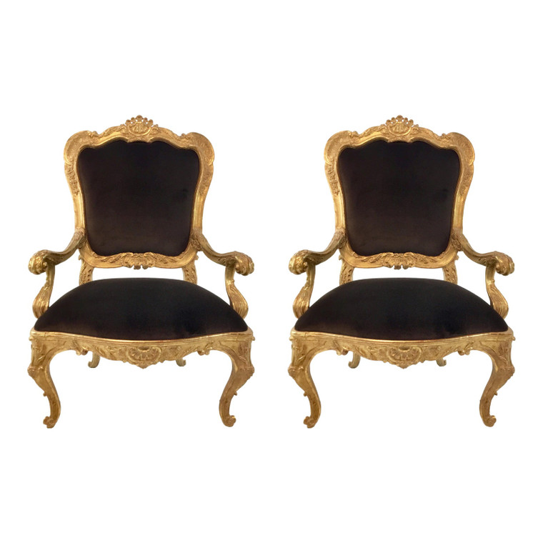 Vintage Italian Gold Gilt and Chocolate Velvet Carved Wood Arm Chairs - a Pair