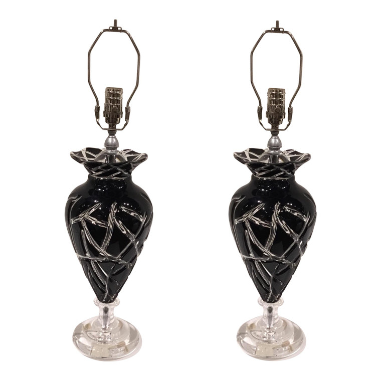 Transitional Italian Black Amethyst Clear Cut Glass Table Lamps Pair