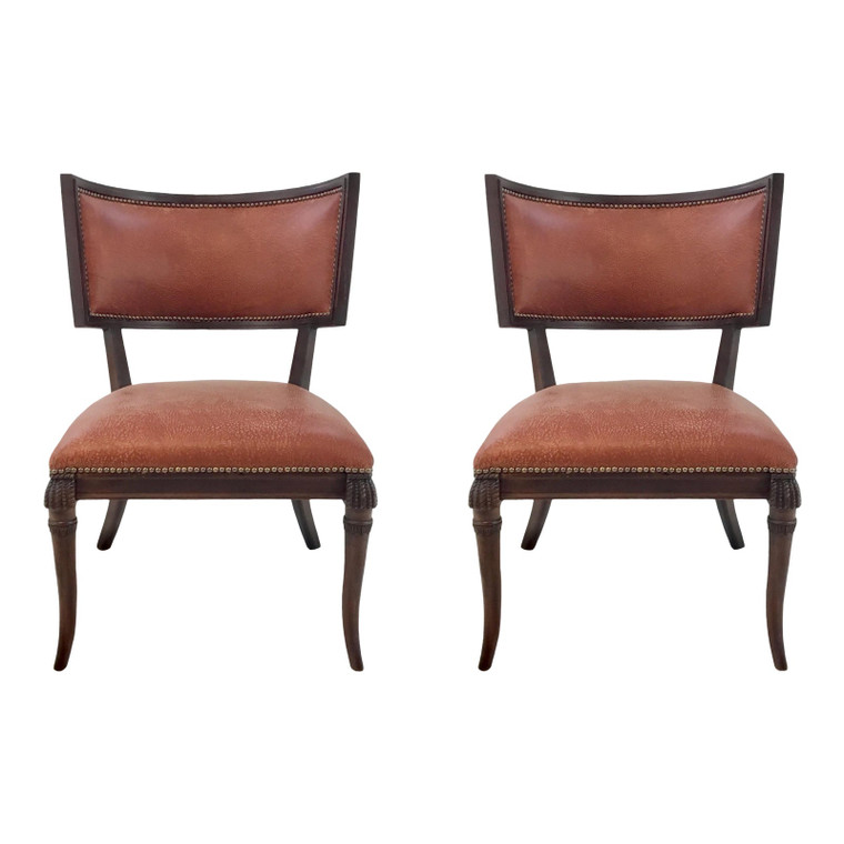 Traditional Ferguson Copland Russet Red Leather Klismos Chairs Pair