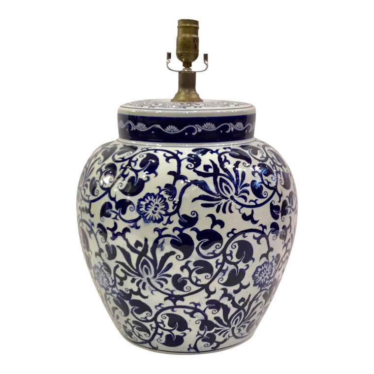 Transitional Blue and White Floral Print Ginger Jar Table Lamp